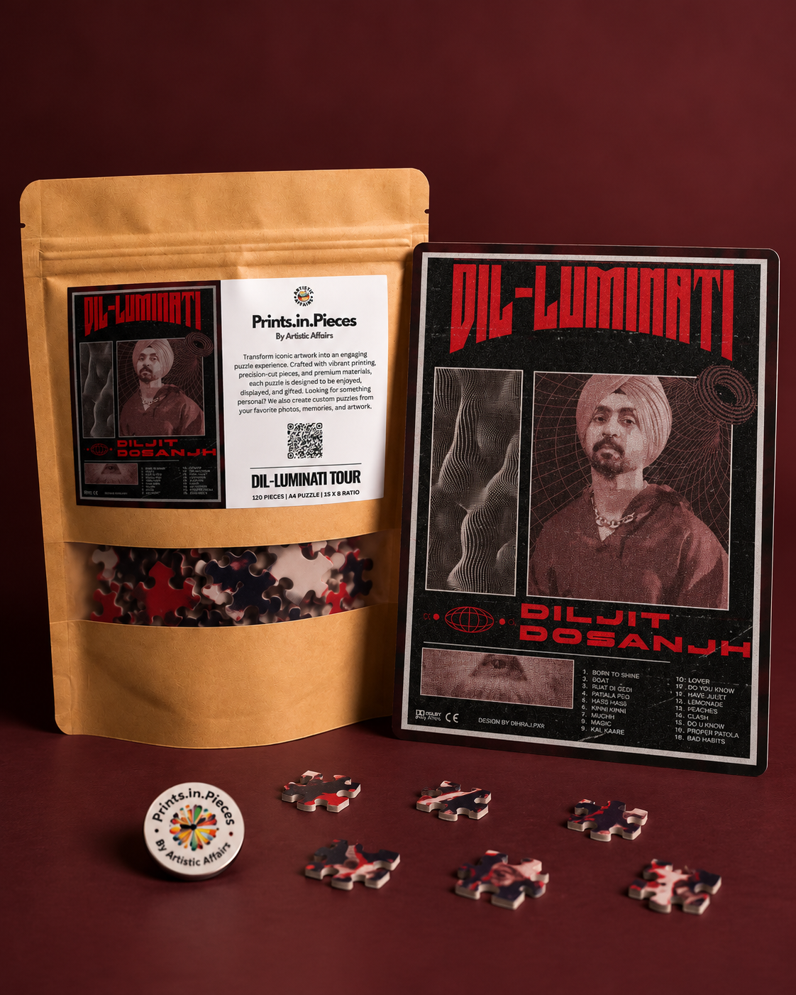 Diljit Dosanjh Dil-Luminati Tour jigsaw puzzle – red and black tour poster with tracklist