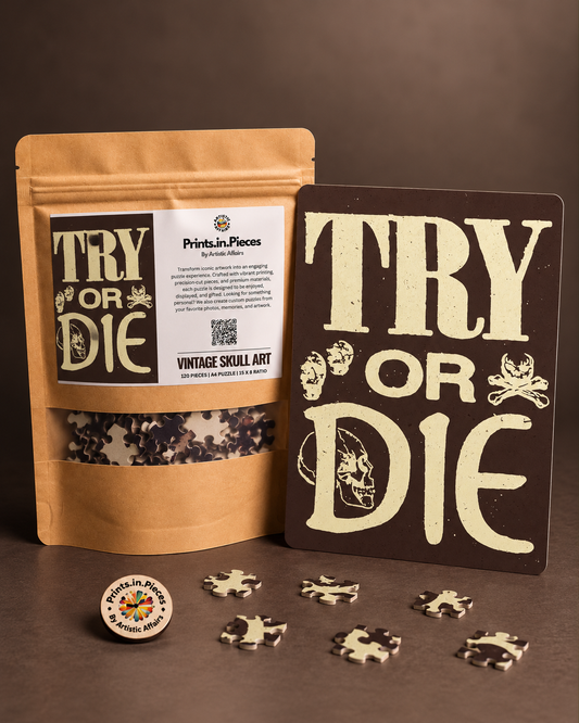 Try or Die jigsaw puzzle – vintage skull and crossbones art on brown