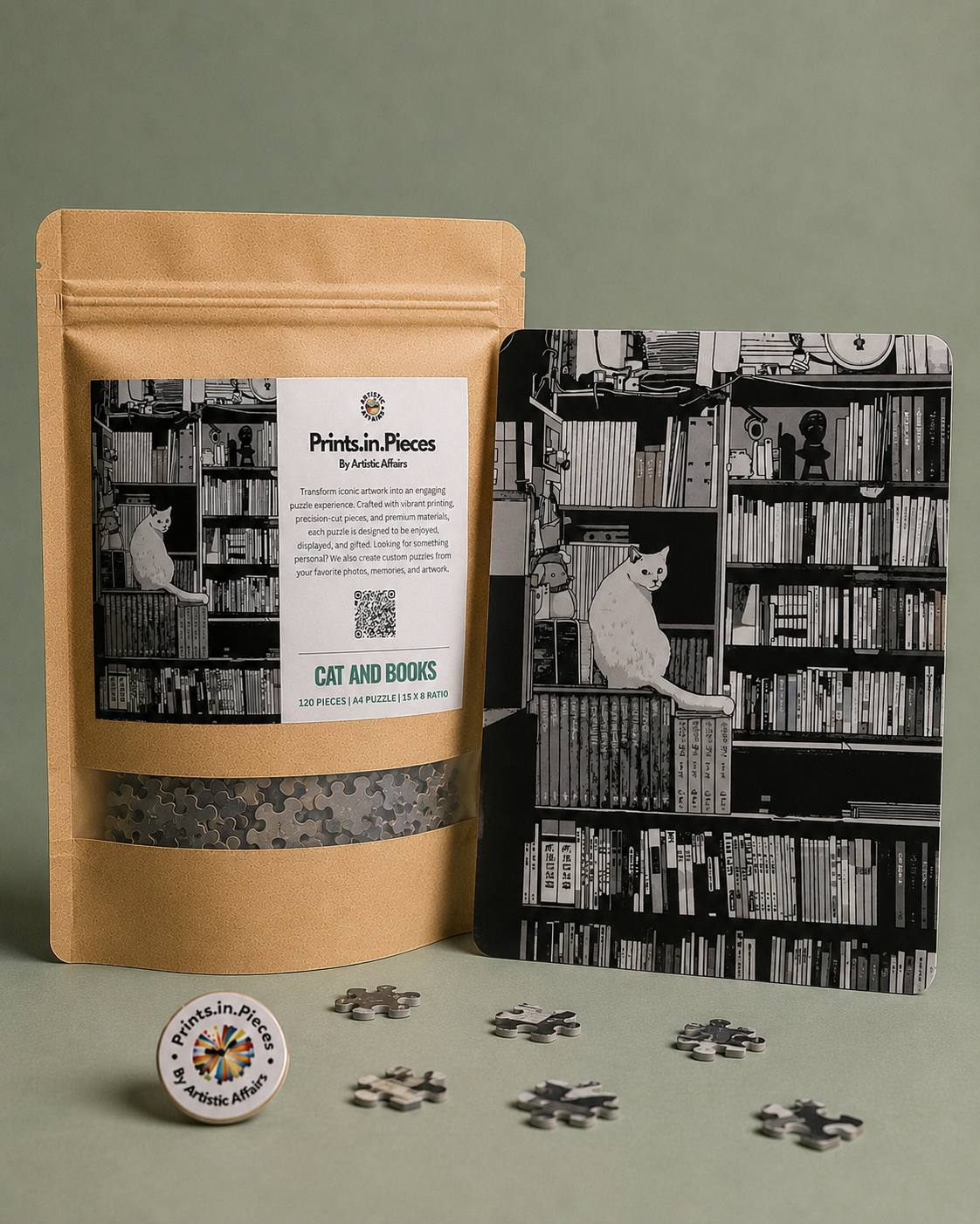 Cat and Books Bookshelf Illustration Puzzle
