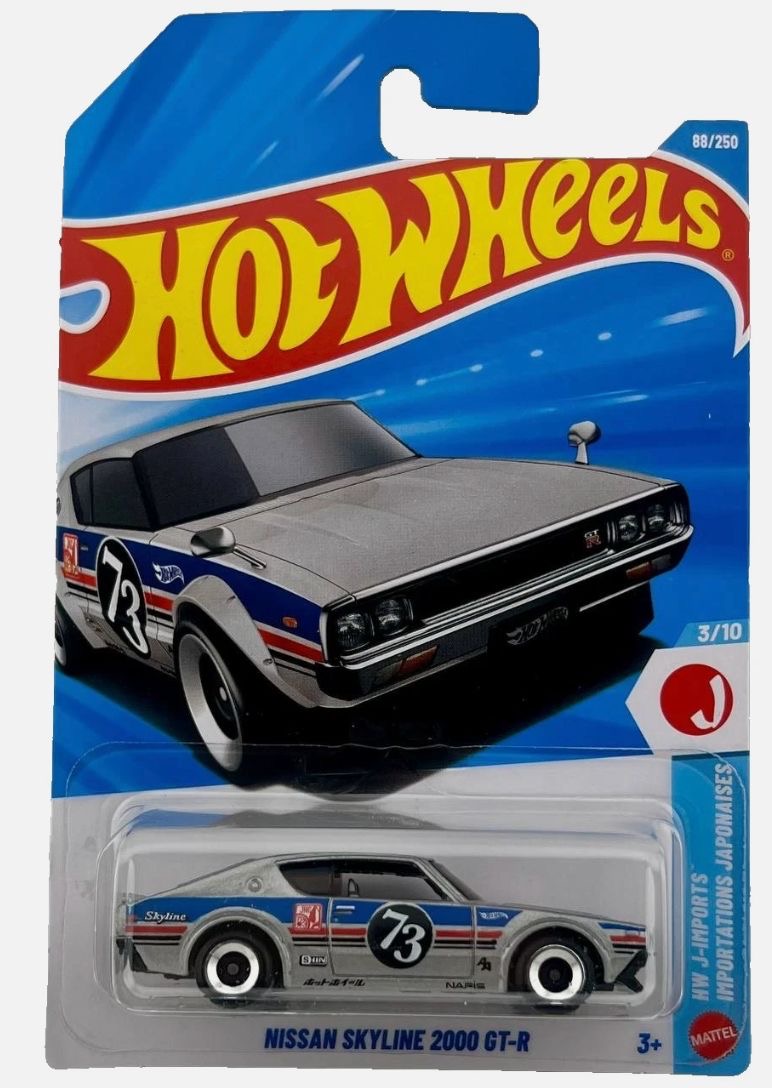 Hot Wheels Nissan Skyline 2000 GT-R silver with number 73 race livery 1:64 die-cast JDM car