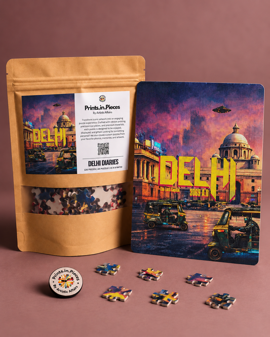 Delhi Diaries jigsaw puzzle – futuristic Delhi with auto-rickshaws and a UFO