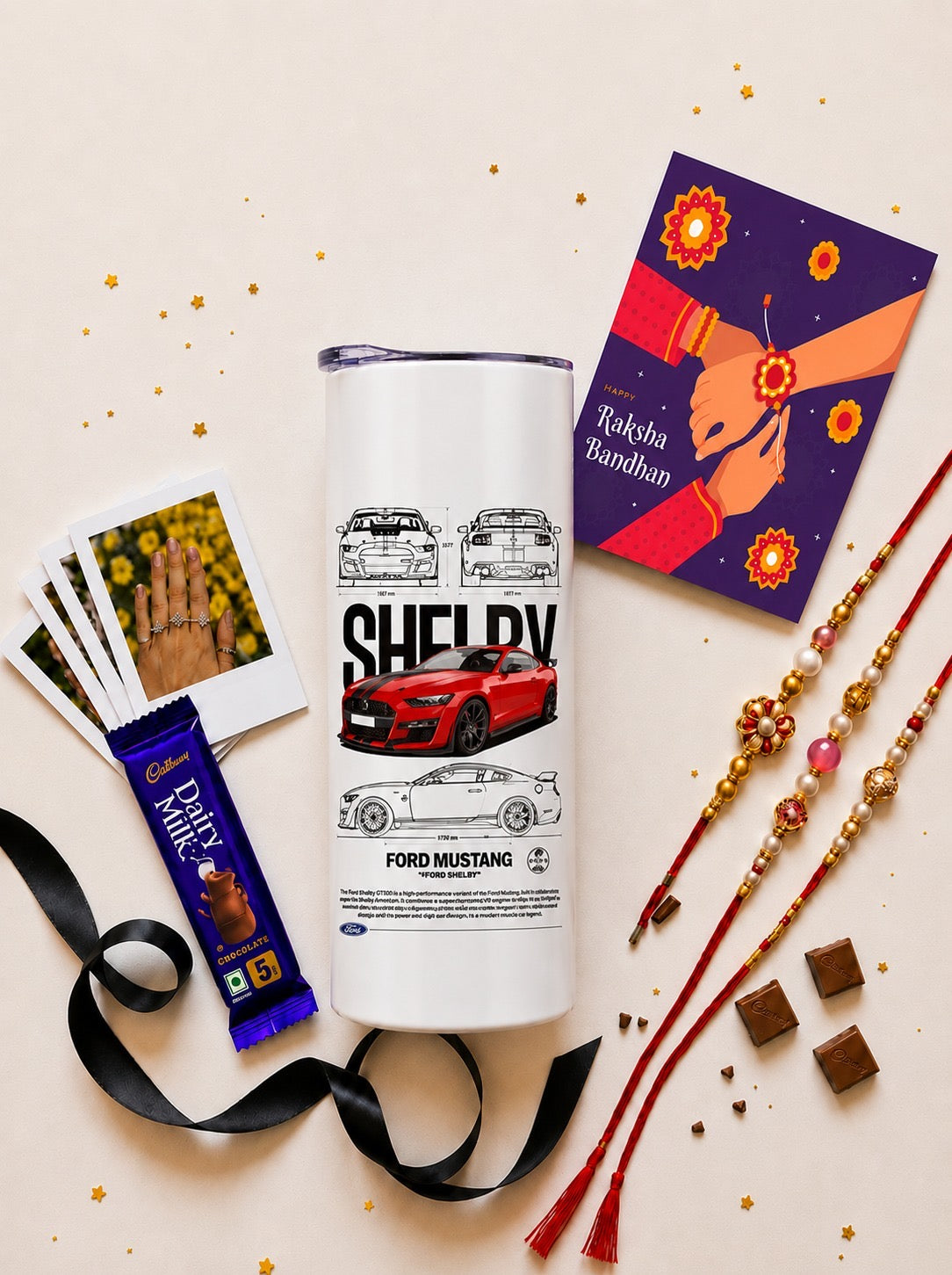 Shelby Mustang Blueprint Stainless Steel Tumbler Rakhi Hamper