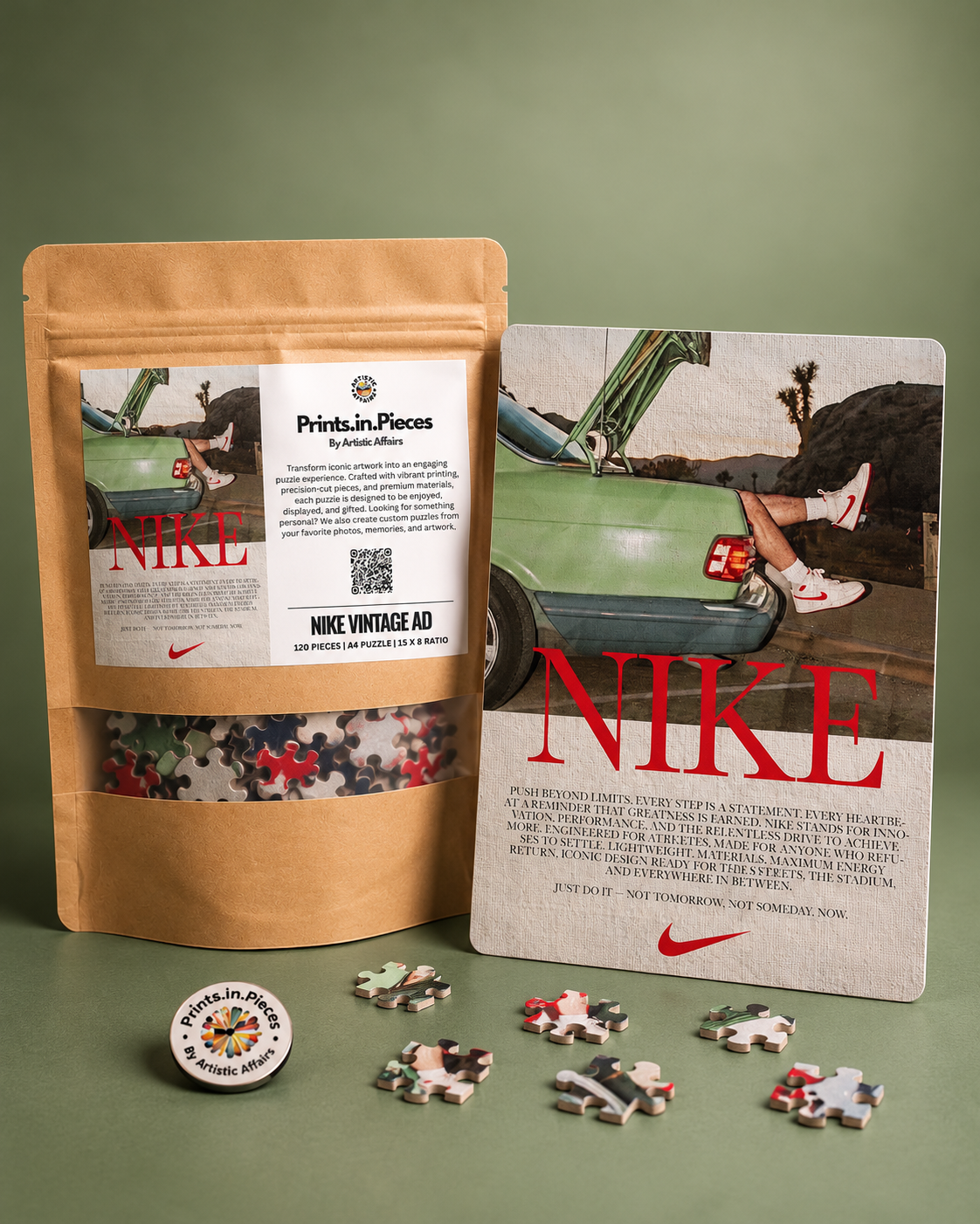 Nike Vintage Ad jigsaw puzzle – sneakers out of a mint-green car boot in retro ad style