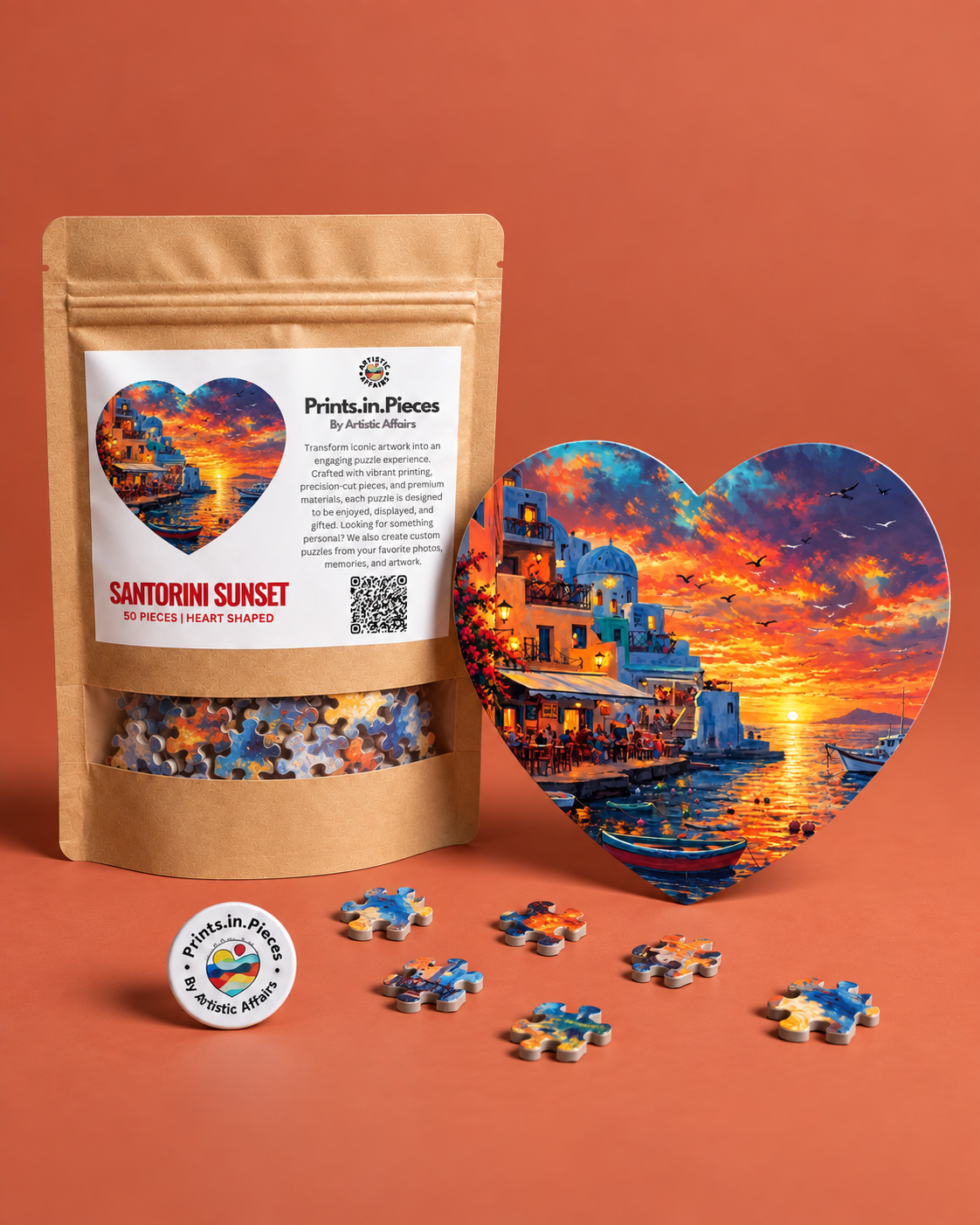 Santorini Sunset Heart-Shaped Puzzle