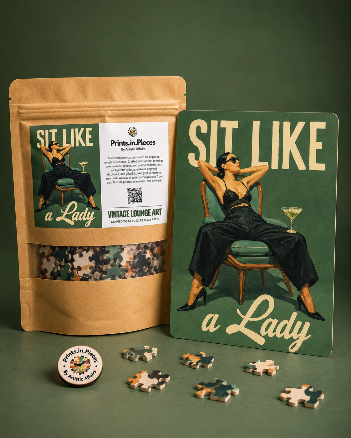 Sit Like a Lady jigsaw puzzle – woman with martini in green armchair illustration