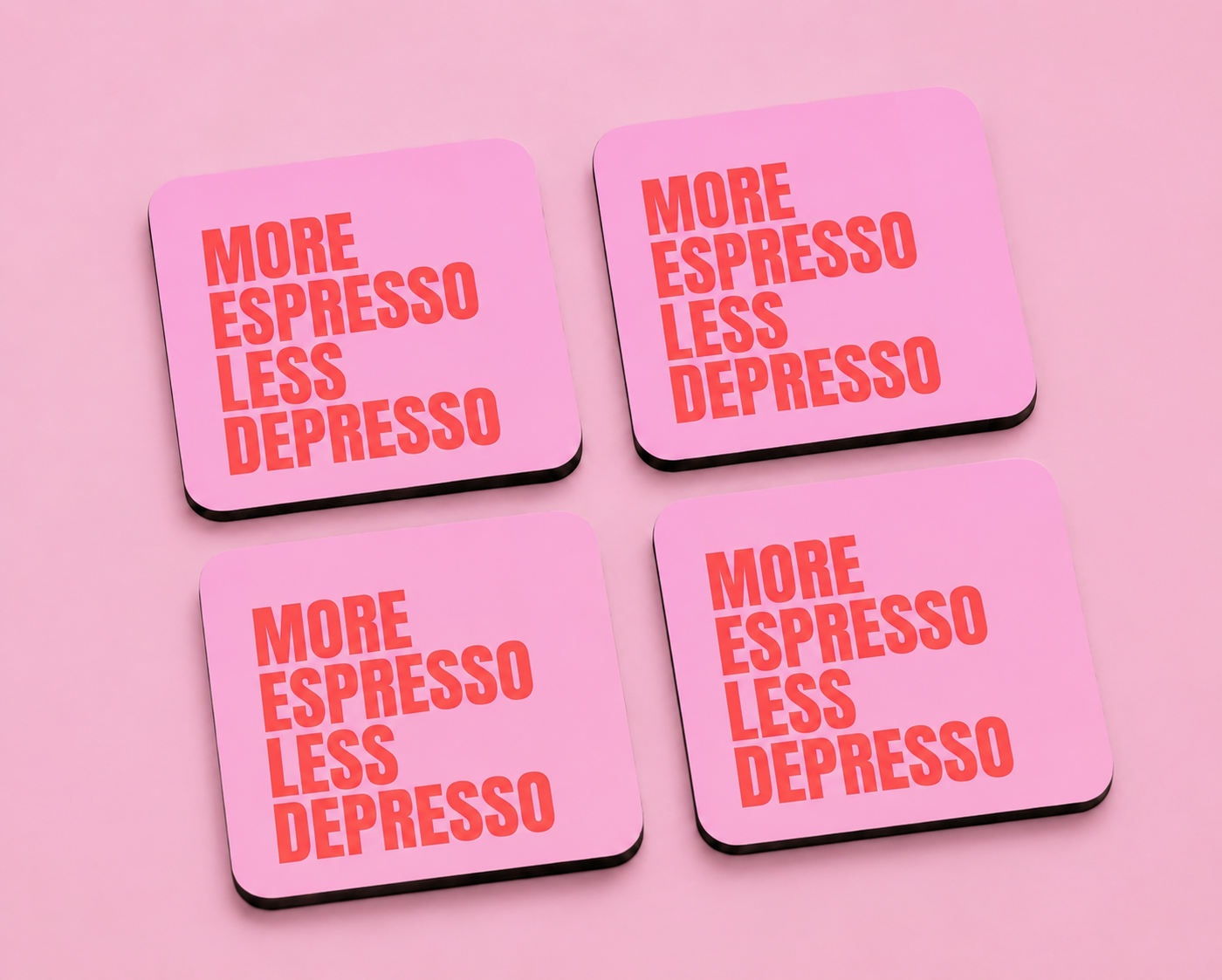 “More Espresso Less Depresso” 10 x 10 cm drink coaster by Artistic Affairs