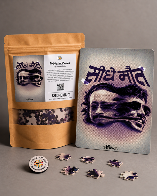 Seedhe Maut warped portrait jigsaw puzzle – melting purple halftone face with Hindi type