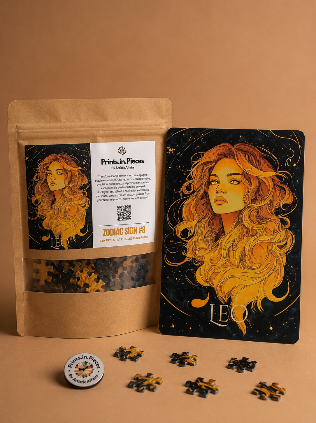 Leo Zodiac Puzzle — 120 Piece Celestial Golden Portrait Art