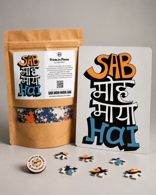 Sab Moh Maya Hai jigsaw puzzle – 3D Hinglish typography in orange, white and blue