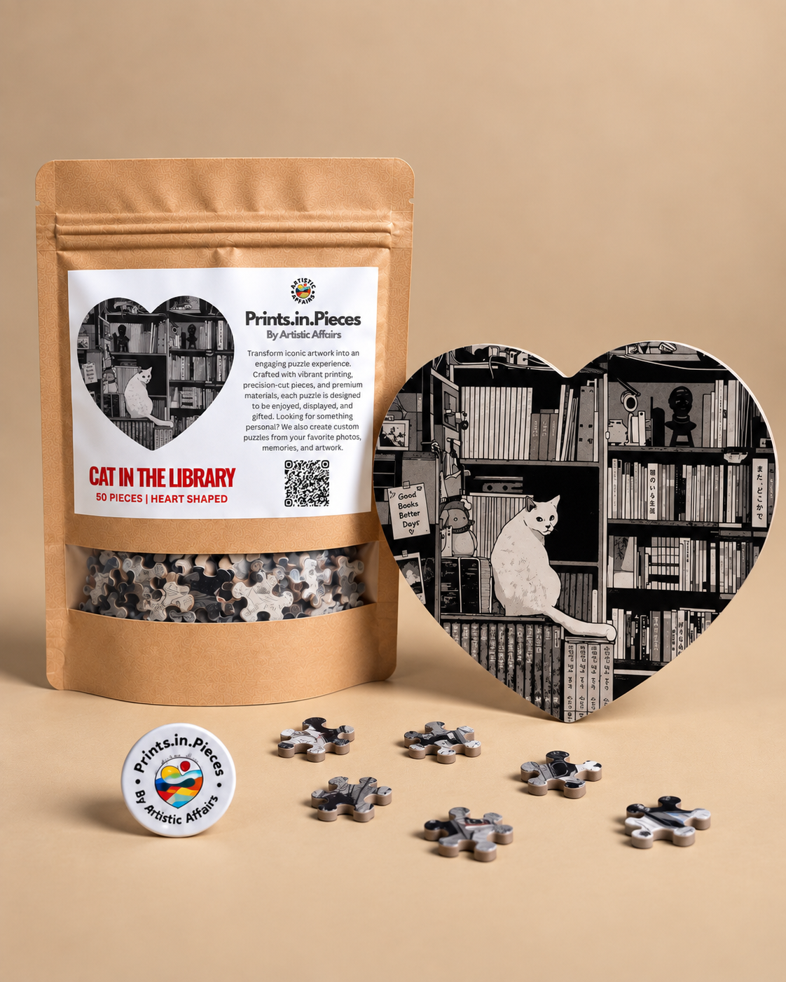 Cat in the Library Heart-Shaped Puzzle