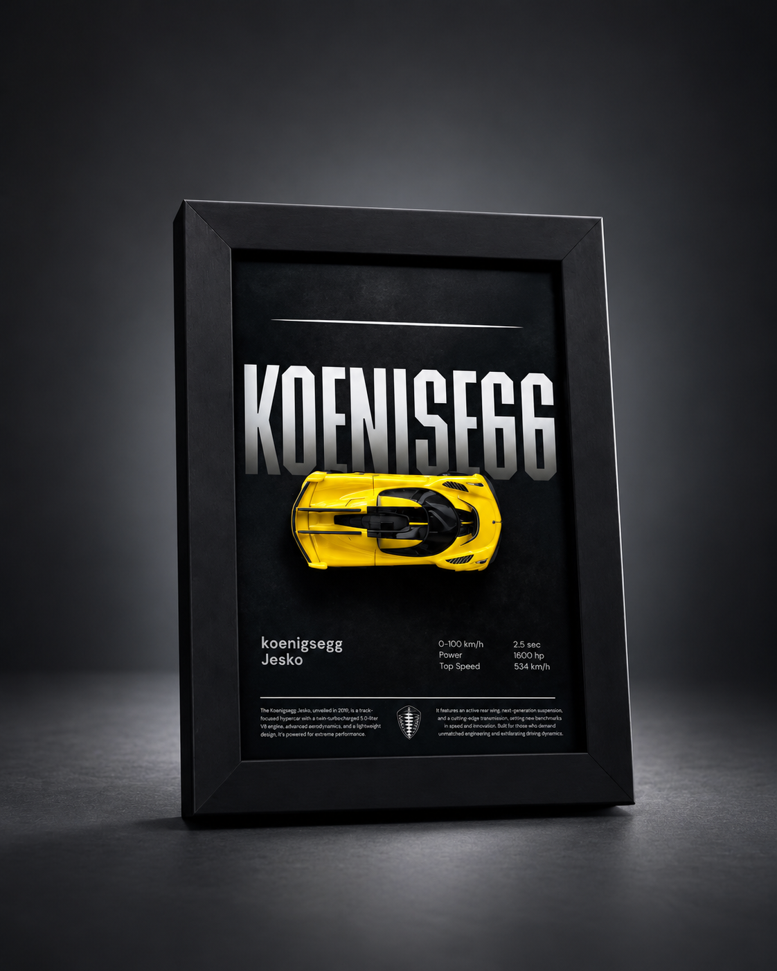 Koenigsegg Jesko (Yellow) 3D car frame with yellow Hot Wheels diecast car by Artistic Affairs