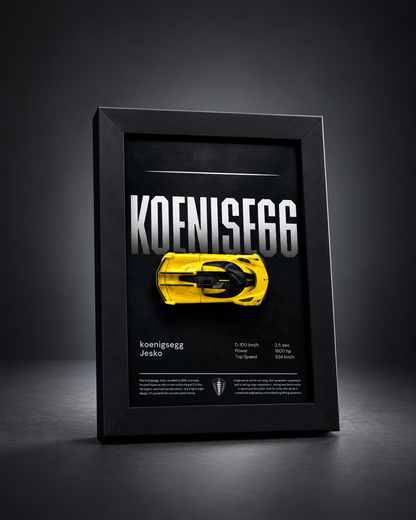 Koenigsegg Jesko (Yellow) 3D car frame with yellow Hot Wheels diecast car by Artistic Affairs