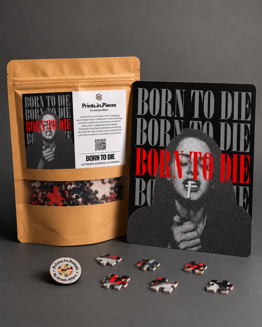 Born To Die jigsaw puzzle – grey and red type over a black and white portrait