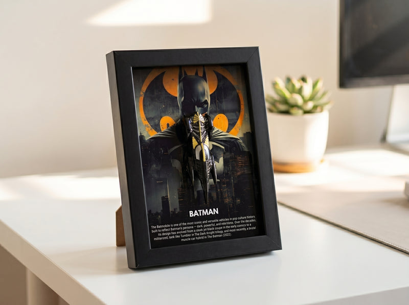 Framed picture of a superhero on a desk with a plant in the background