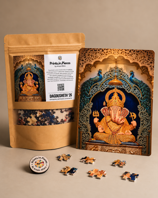 Dagdusheth '26 Ganpati jigsaw puzzle – golden Ganpati beneath a peacock arch