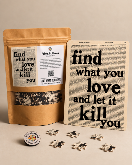 Find What You Love jigsaw puzzle – black serif type on a vintage dictionary page