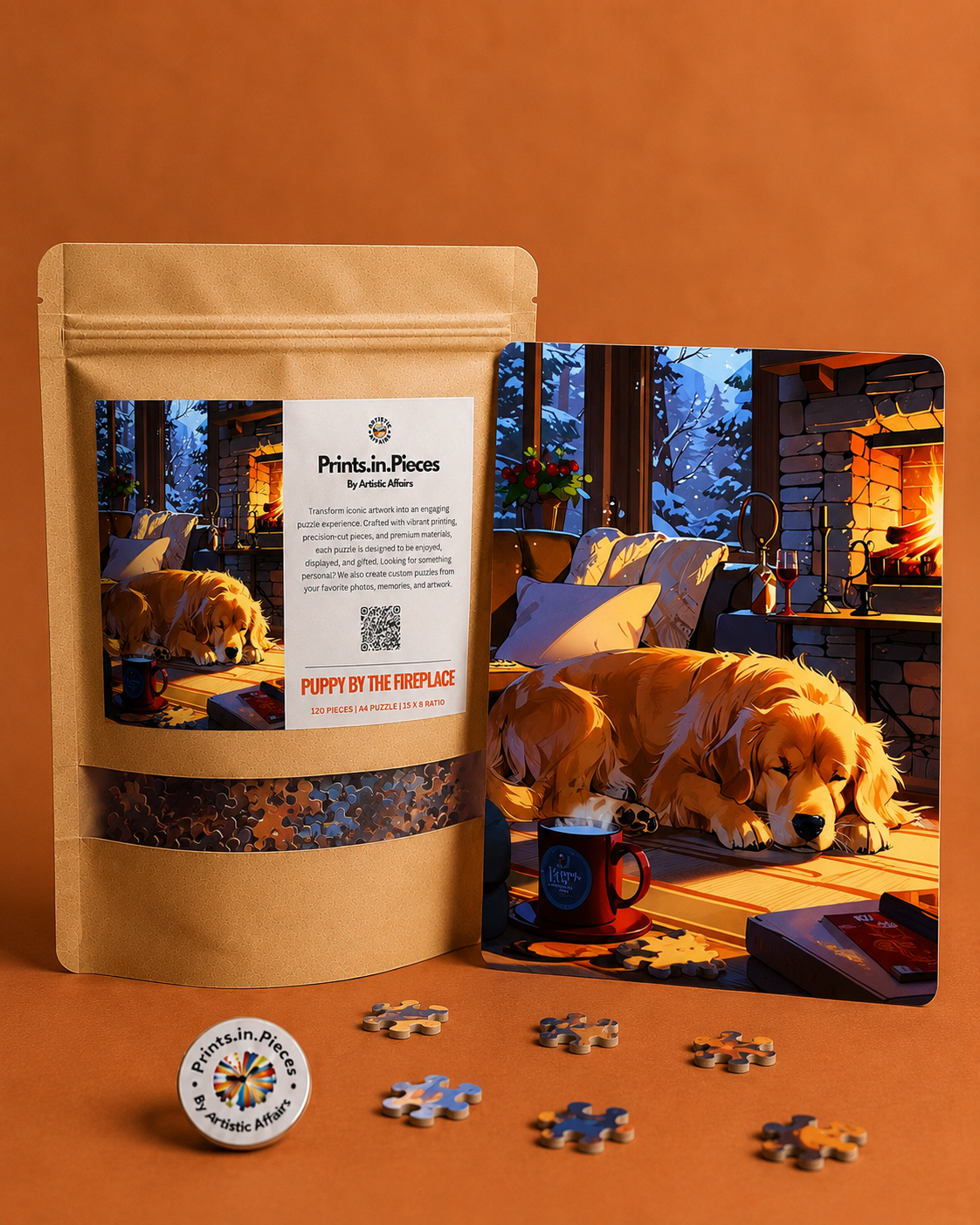 Puppy by the Fireplace Golden Retriever Puzzle