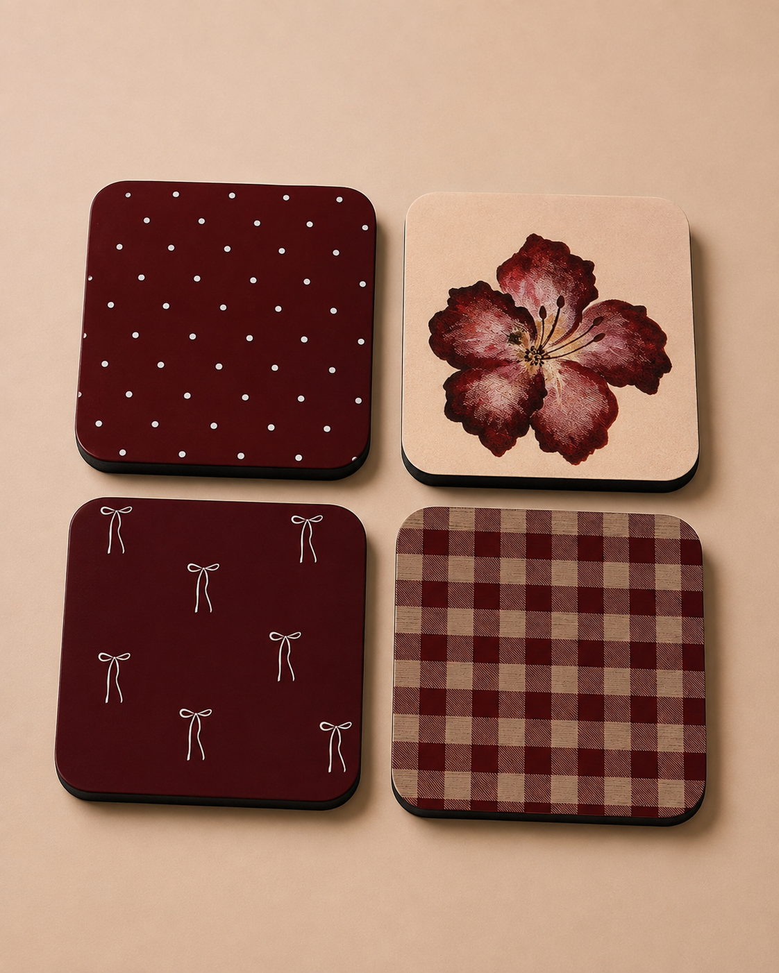 Burgundy Aesthetic Coaster Set of 4 — Floral, Bow & Gingham Coasters