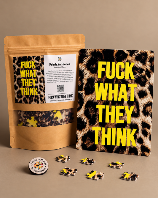 F*ck What They Think jigsaw puzzle – bold yellow type on leopard print