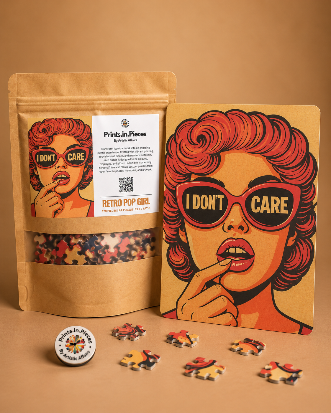 I Don't Care retro pop girl jigsaw puzzle – comic-style pop art in orange and red