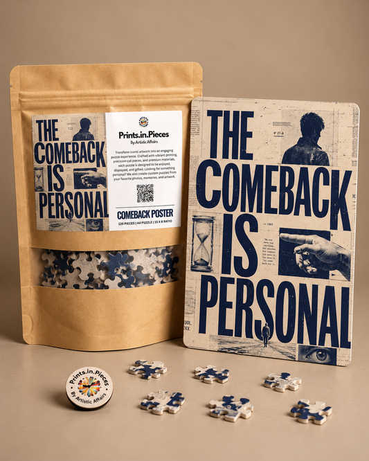 The Comeback Is Personal jigsaw puzzle – navy typography on vintage cream collage