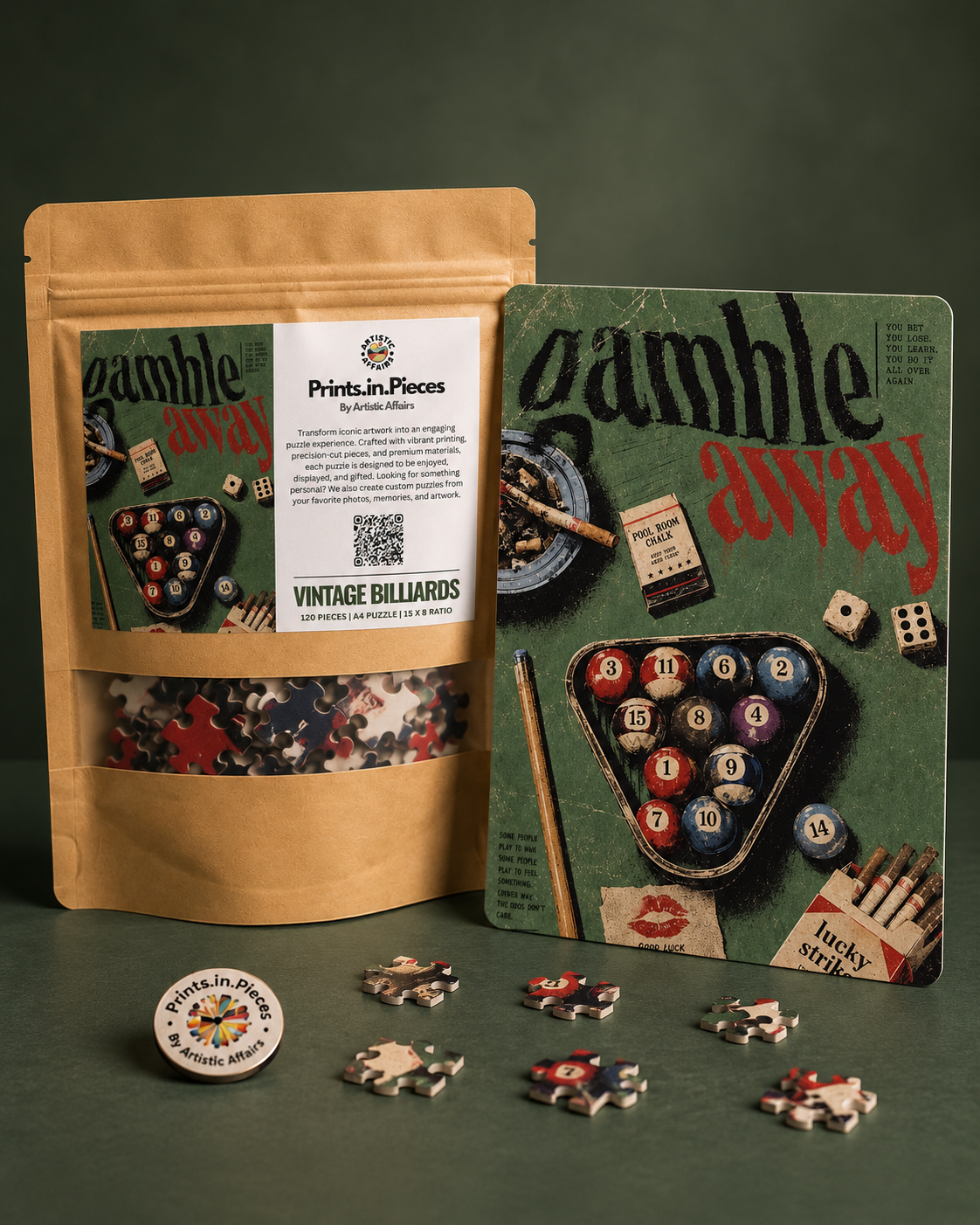 Gamble Away vintage billiards jigsaw puzzle – racked pool balls on green felt