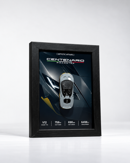 Limited Edition 2016 Lamborghini Centenario Roadster 3D car frame with grey yellow diecast car by Artistic Affairs
