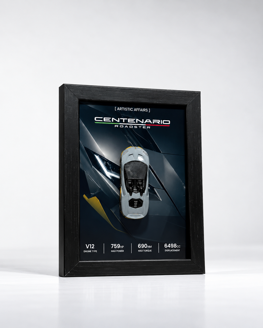 Limited Edition 2016 Lamborghini Centenario Roadster 3D car frame with grey yellow diecast car by Artistic Affairs