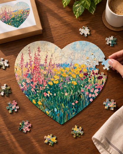 Wildflower Fields Painting Heart Shaped Puzzle