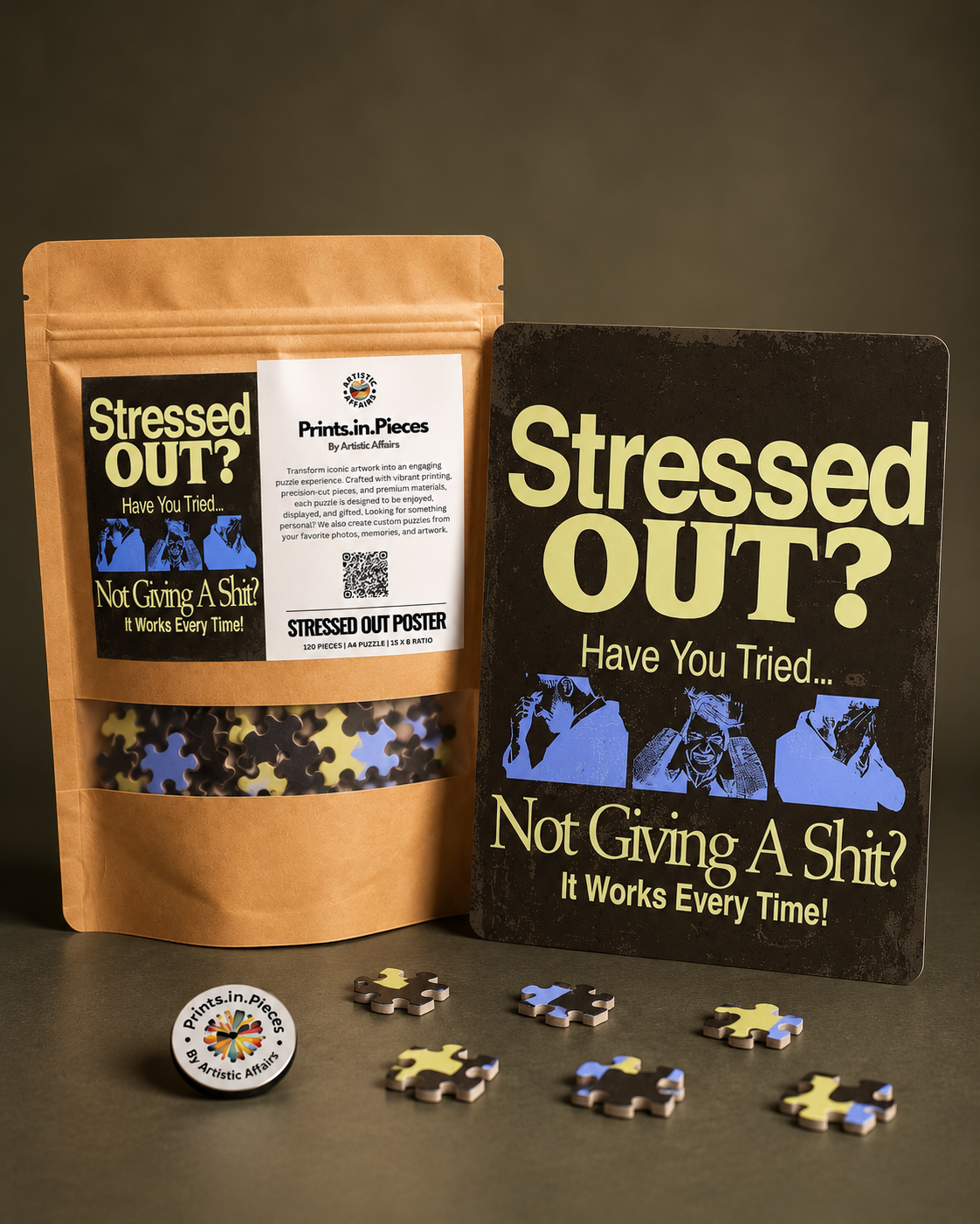 Stressed Out jigsaw puzzle – retro typography poster with blue photo panels