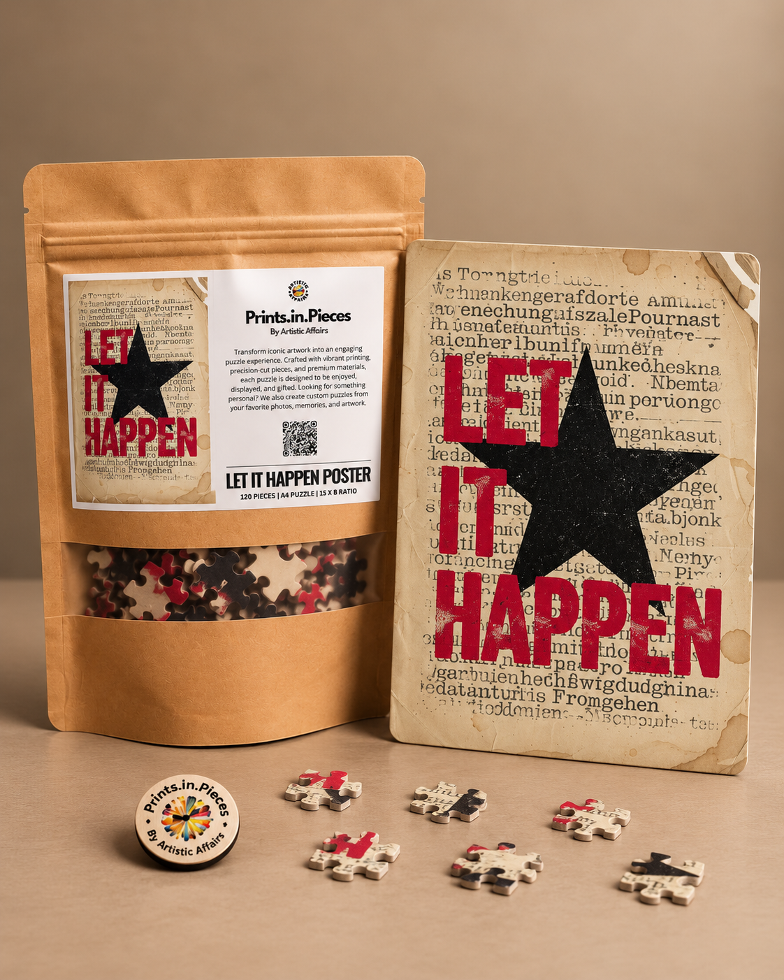 Let It Happen jigsaw puzzle – red typography and black star on vintage paper