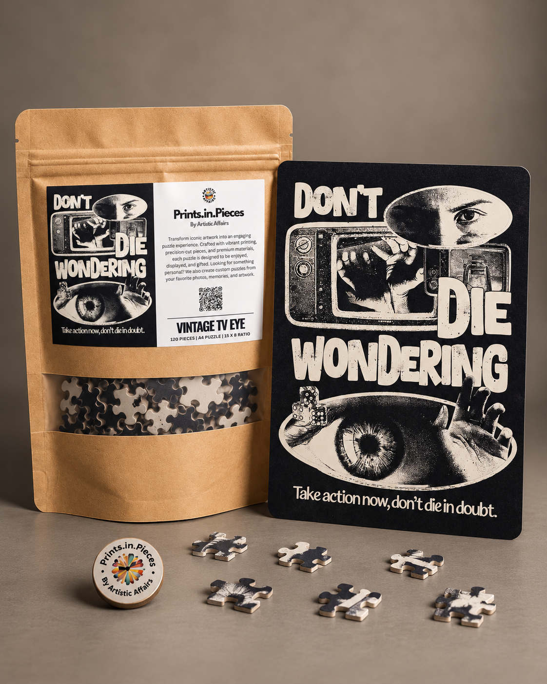 Don't Die Wondering jigsaw puzzle – black-and-white vintage TV and eye collage
