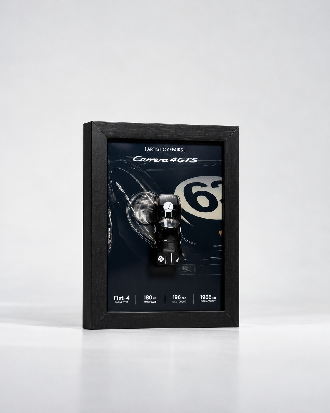 Limited Edition Porsche Carrera GTS #63 3D car frame with black diecast car by Artistic Affairs