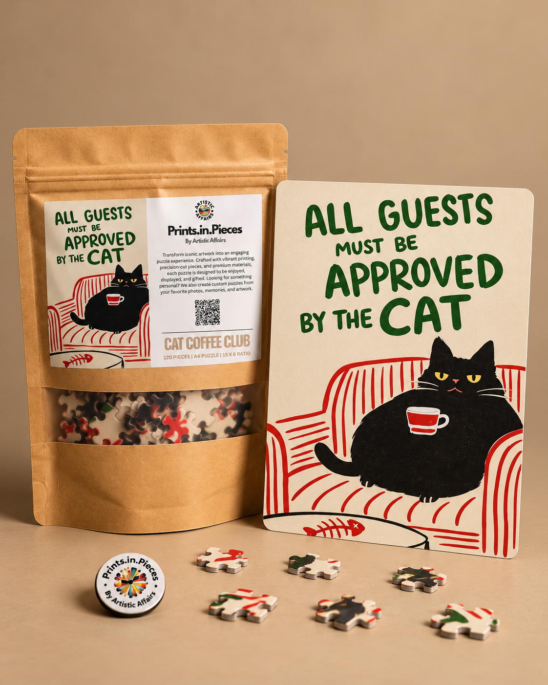 All Guests Must Be Approved by the Cat jigsaw puzzle – black cat on striped sofa with coffee