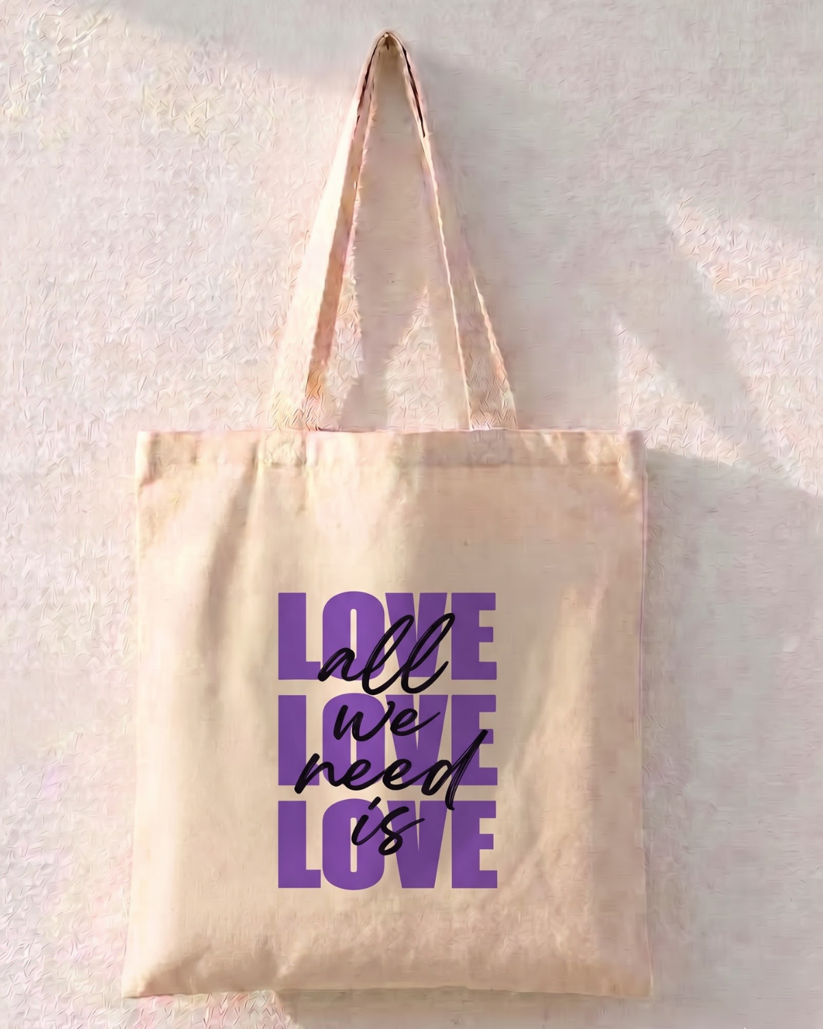 All We Need Is Love Tote Bag | Purple Typography Canvas Bag