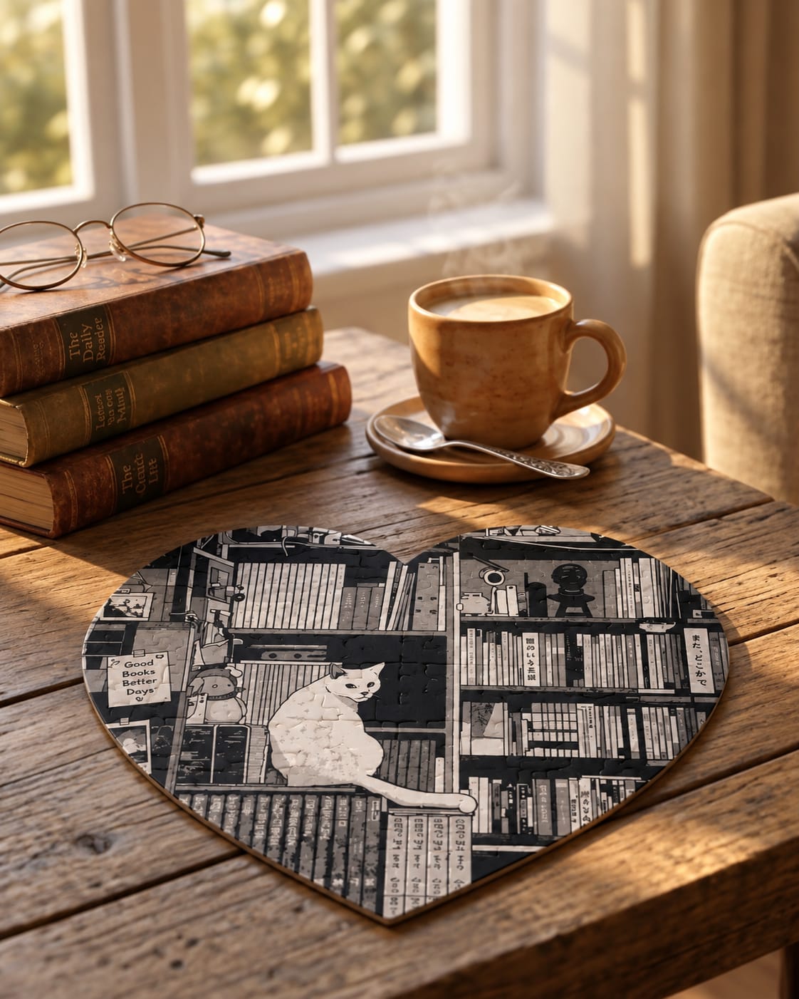 Cat in the Library Heart-Shaped Puzzle