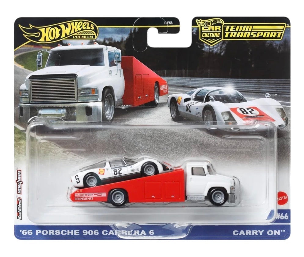 Hot Wheels Team Transport '66 Porsche 906 Carrera 6 & Carry On Red White Die-Cast 1:64 Imported Card
