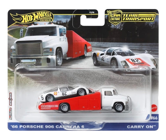 Hot Wheels Team Transport '66 Porsche 906 Carrera 6 & Carry On Red White Die-Cast 1:64 Imported Card