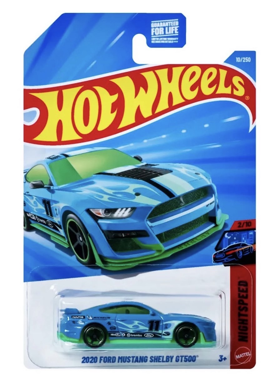 Hot Wheels 2020 Ford Mustang Shelby GT500 blue and green 1:64 die-cast muscle car