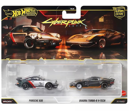 Hot Wheels Premium Car Culture Cyberpunk 2077 2-Pack Porsche 930 silver and Quadra Turbo-R V-Tech black 1:64 die-cast
