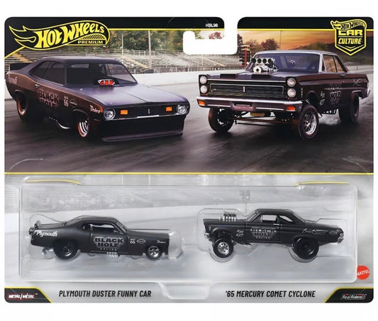 Hot Wheels Premium Car Culture 2-Pack Plymouth Duster Funny Car and '65 Mercury Comet Cyclone matte black 1:64 die-cast