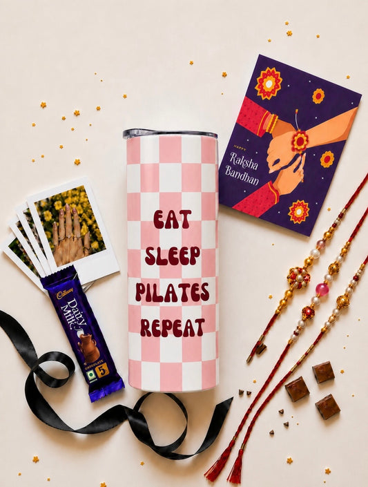 Eat Sleep Pilates Repeat Stainless Steel Tumbler Rakhi Hamper