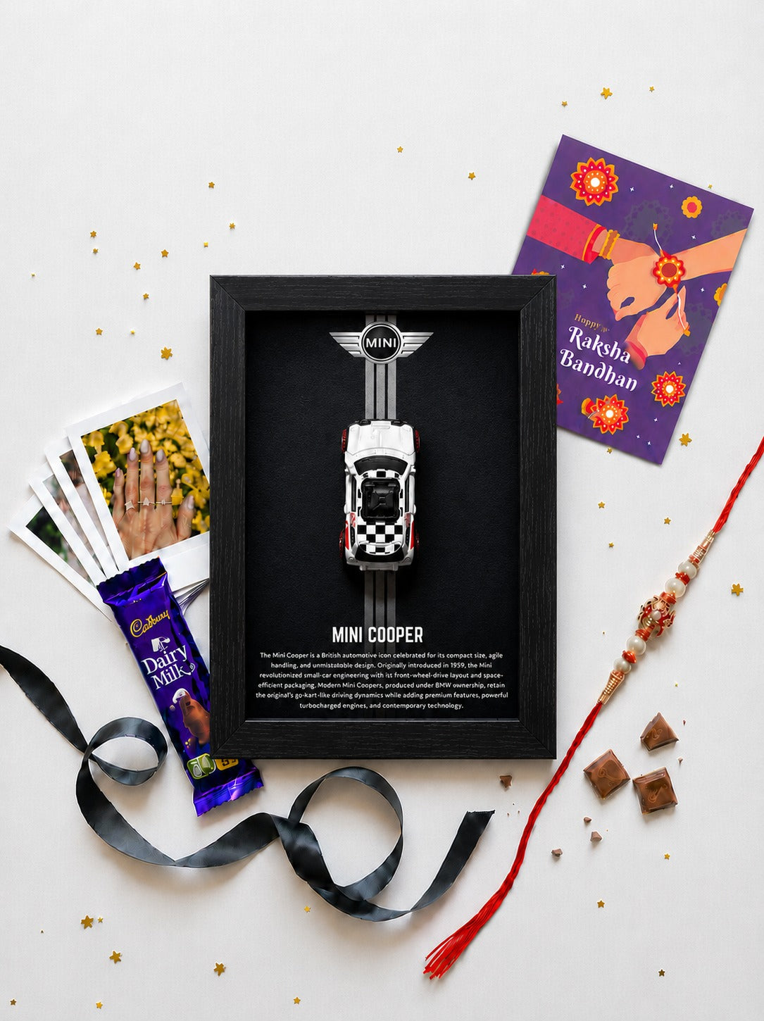 Mini Cooper car art frame with rakhi gift hamper