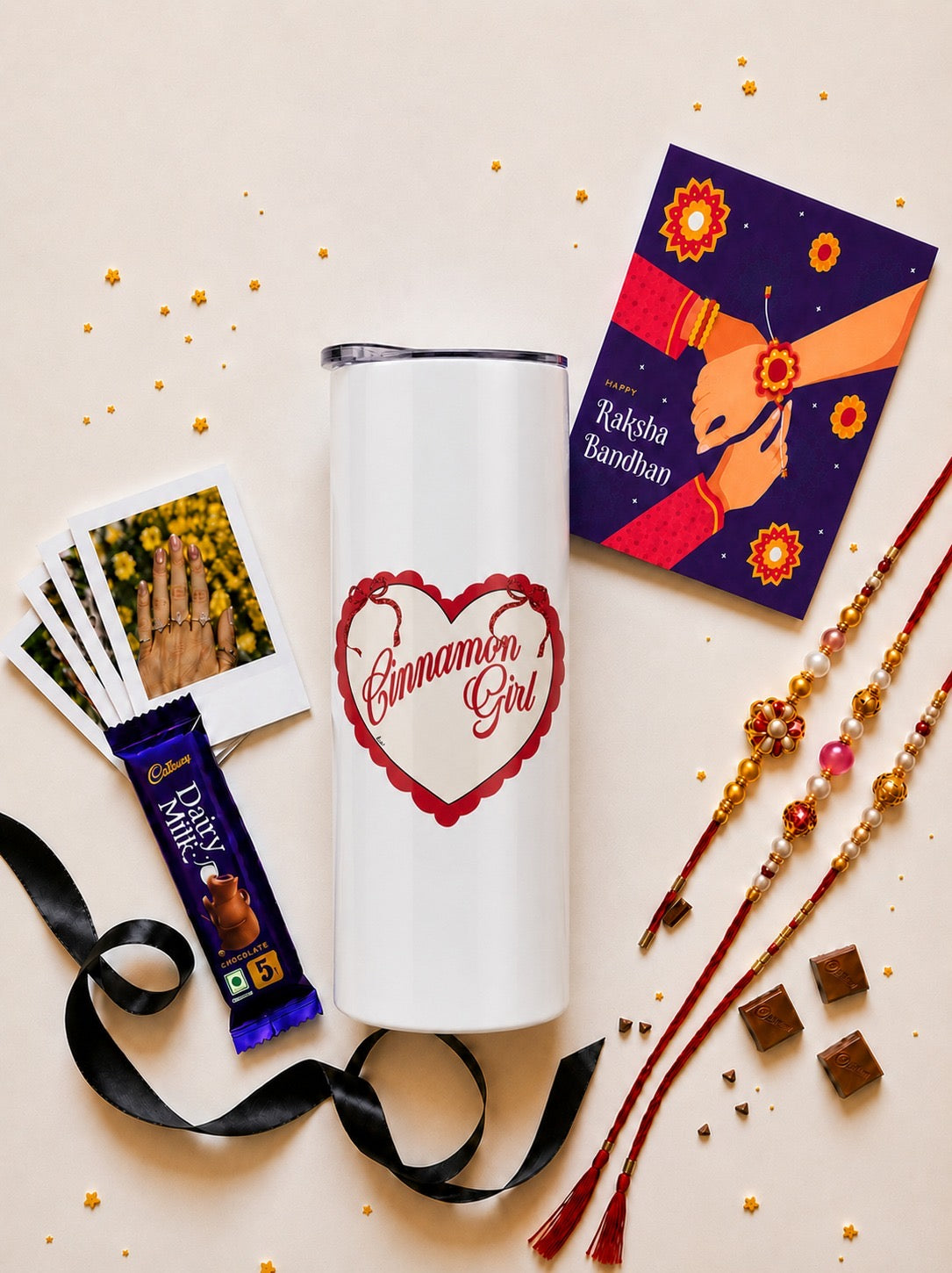Cinnamon Girl Stainless Steel Tumbler Rakhi Hamper