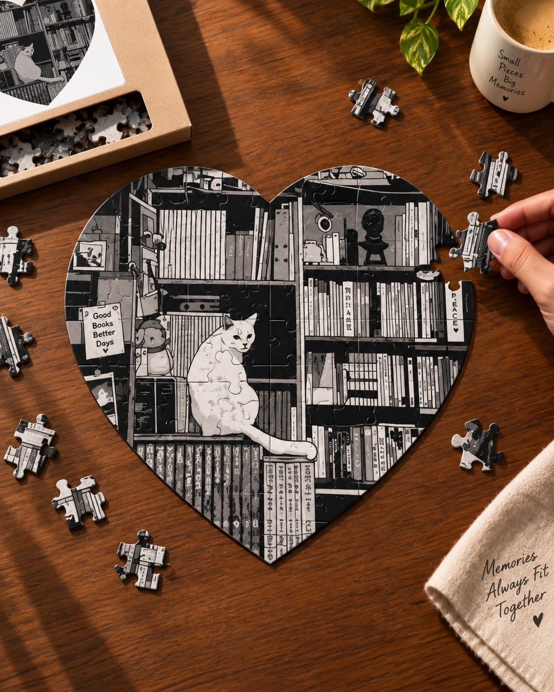 Cat in the Library Heart-Shaped Puzzle