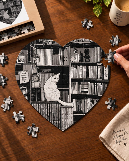 Cat in the Library Heart-Shaped Puzzle