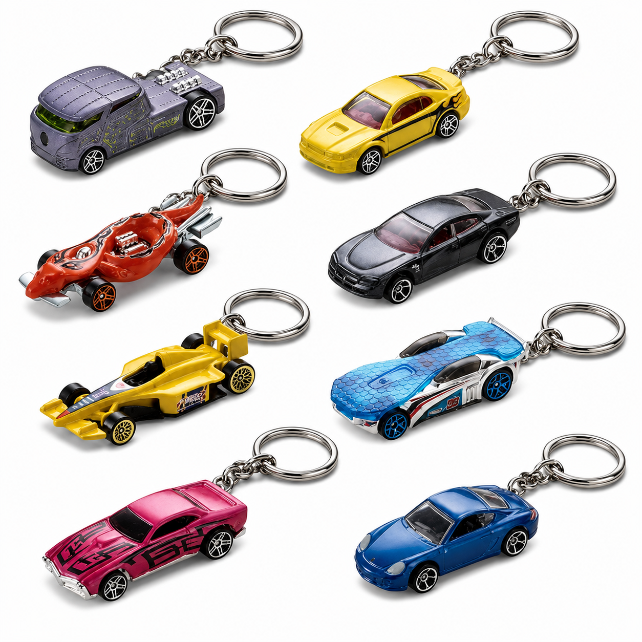 Collection of colorful car keychains on a white background