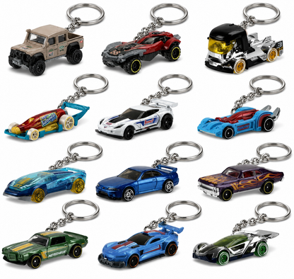 Collection of various car keychains on a white background