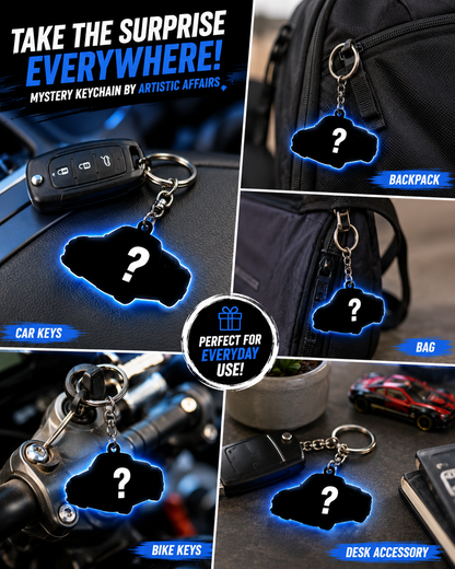 Keychain with question mark design displayed on various items with promotional text.