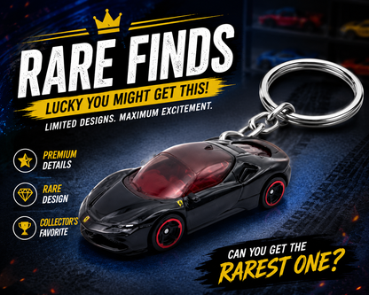 Ferrari SF90 car keychain with text on a dark background